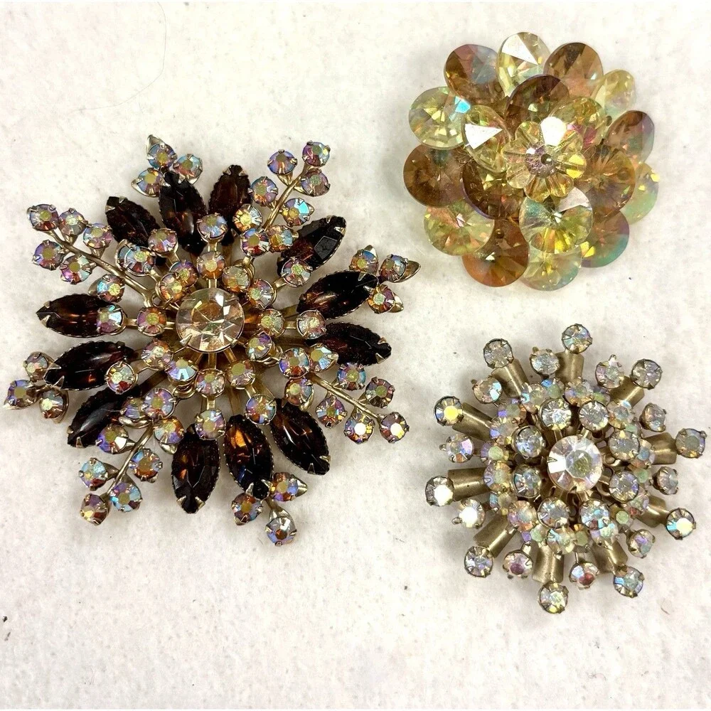 Vintage AB Rhinestone Brooch Lot Atomic Starburst Rivoli Flower Amber Gold Tone